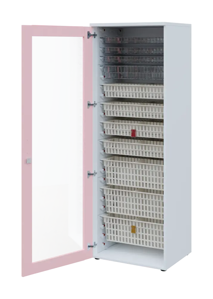 EUROMEDICA S - 66 skříň léková boxová, 1-dveřová/prosklená, levá, 1950x660x535, korpus bílý, dvířka pastelově růžová